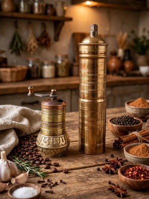 Vintage brass spice and coffee grinder set 2 pieces 1960s Ottoman style