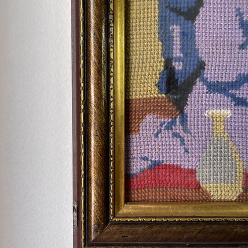 Vintage embroidery canvas with geishas framed