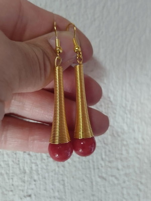 Dangle earrings elegant with genuine coral bead, new, orange and gold