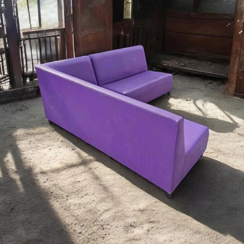 Handmade corner sofa used, leather and wood, professional