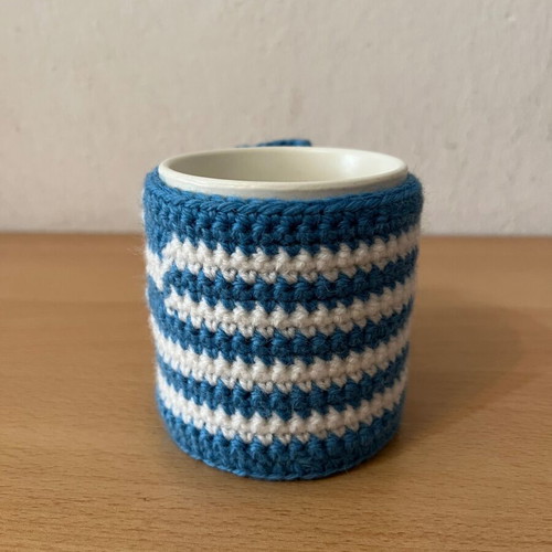 Handmade crochet mug cozy with Greek flag new
