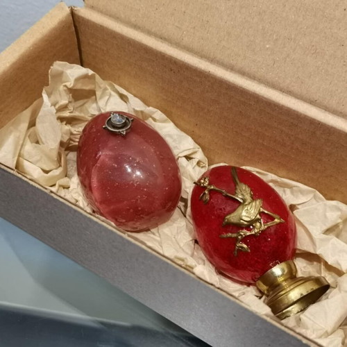Glass egg set used, vintage decorative with metal details