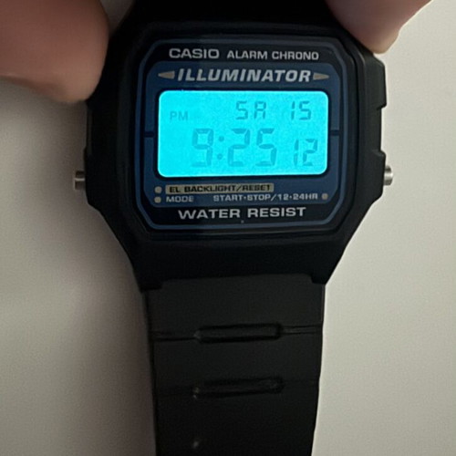 Casio F105W mod digital watch, black and blue