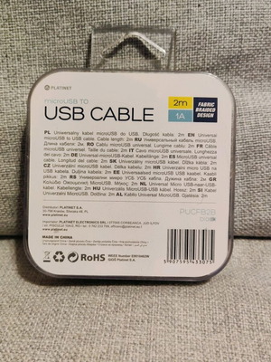 Καλώδιο USB to Micro USB Platinet καινούργιο, μήκος 2 μέτρα, 1A