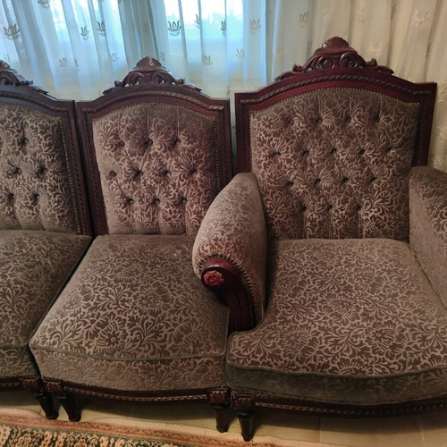 Vintage living room set with dark olive velvet upholstery, like new
