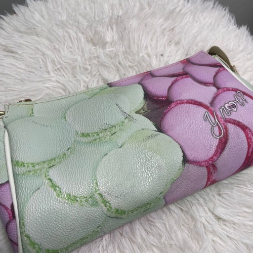 Ynot? handbag with macarons pattern, pink and green