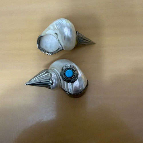 Shells used with silver plating and blue stone, set of 2