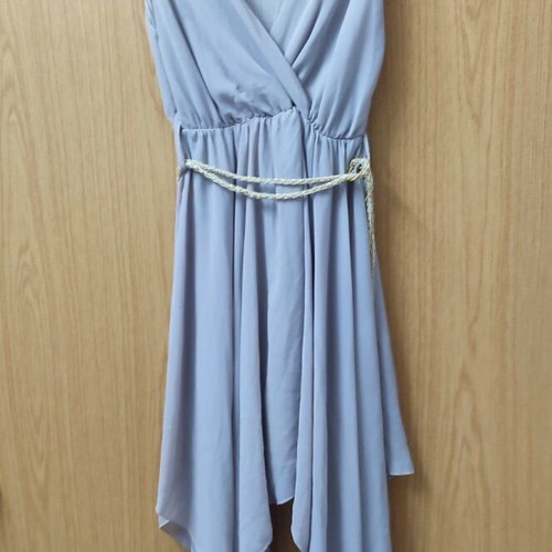 Gray asymmetrical dress like new, ancient Greek style with gold belt