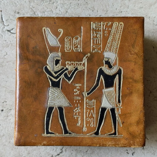 Small storage box used, camel leather with Egyptian design