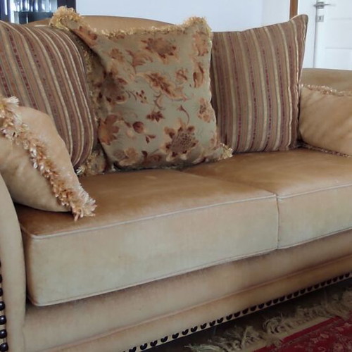 Classic sofa set used, three-seater and two-seater, beech wood with Dutch fabric