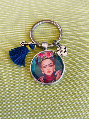 Boho keychain with Frida Kahlo illustration