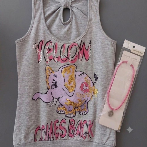 Sleeveless top with elephant design and heart necklace like new, gray