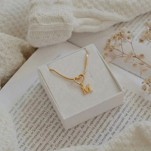 18K Gold Initial M Heart Necklace Stainless Steel New