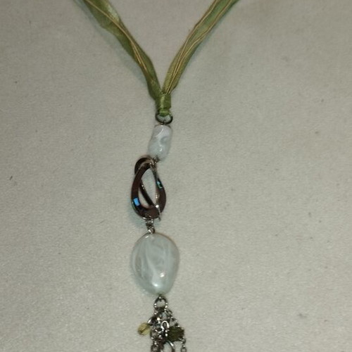 Long Boho Statement Necklace with Olive Ribbon, Stones & Hanging Chains