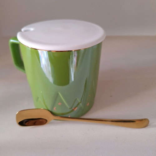 Mug 370 ml with spoon and lid, new