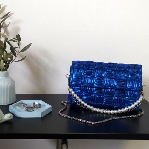 Shoulder Bag Electric Metallic Blue New with Pearl Strap and Silver Chain
