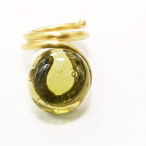 Handmade ring new with green glass and brass, small size