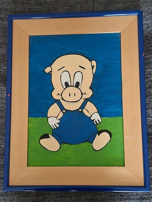 Children's oil painting on canvas with wooden blue frame like new