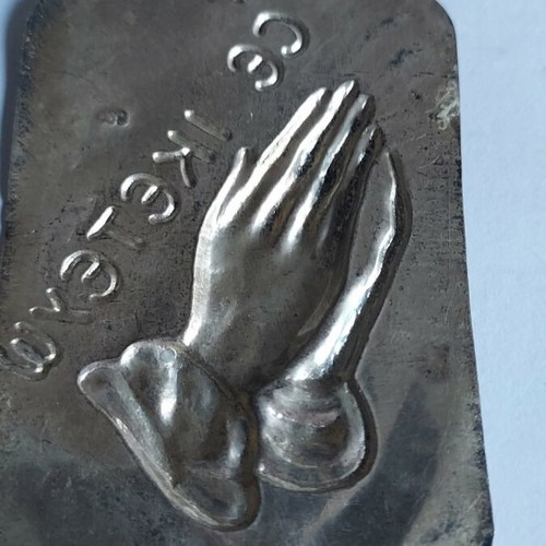 Religious silver tama with praying hands and inscription like new