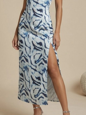 Bershka long strapless satin dress, white and blue