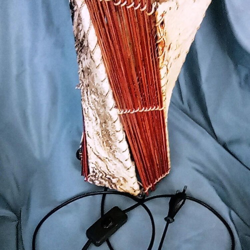 Handmade rustic table lamp with birch bark and wooden rods, used, 32 cm