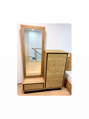 Modern vanity with mirror and dresser new, natural oak finish