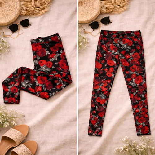 Stradivarius floral pants like new, black with red roses