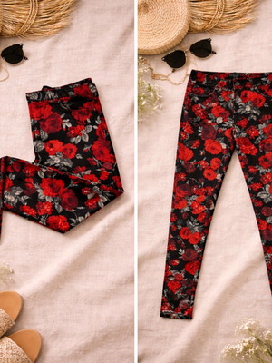 Флорален панталон Stradivarius като нов, черен с червени рози