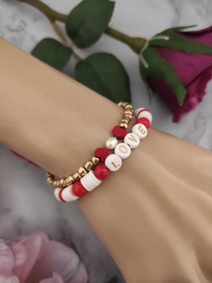 Σετ 2 βραχιόλια με Love, πέρλα και κόκκινη καρδιά, καινούργια
