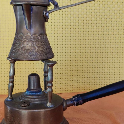 Vintage brass spirit lamp and carved coffee pot like new