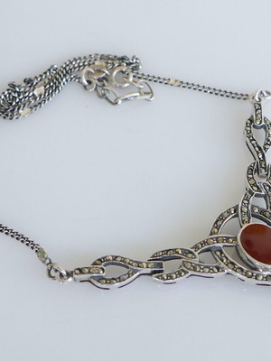 925 Silver Necklace like new with marcasite and carnelian stones