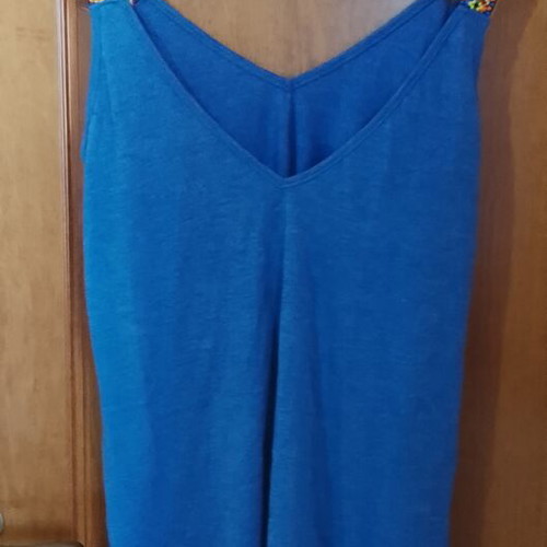 Emery Rose blue sleeveless top with ethnic straps, size S