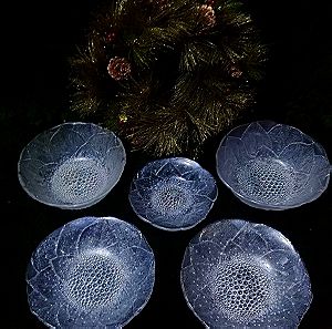 Σετ δύο μπολ/σαλατιερες και τρία πιάτα  Hoya Corporation Art Crystal "Dewdrobs" Japan 80'