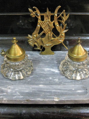 Antique inkwell used, bronze marble and glass