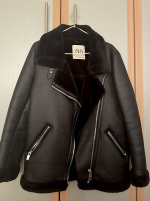 Zara double face leather jacket with fur lining, black, size S