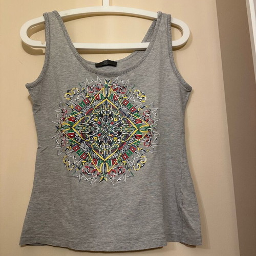 Alexander McQueen sleeveless blouse used, grey with colorful design