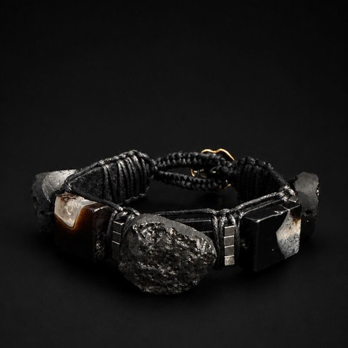 Men's Black Leather Bracelet with Meteorite and Natural Black Agate, New