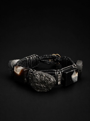 Men's Black Leather Bracelet with Meteorite and Natural Black Agate, New