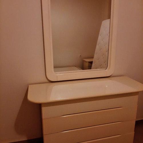 Bedroom furniture set white used, double bed without mattress, dresser with mirror, 2 nightstands