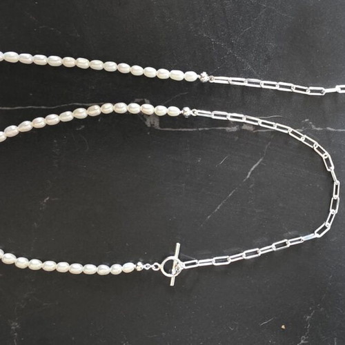 925 Sterling Silver Necklace and Bracelet Set with Natural Pearls and Paperclip Chain