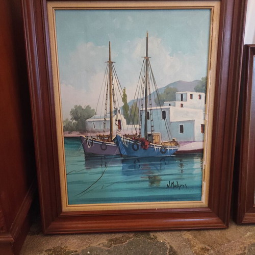 Traditional Seascape Oil Painting with Boats by N. Makris like new