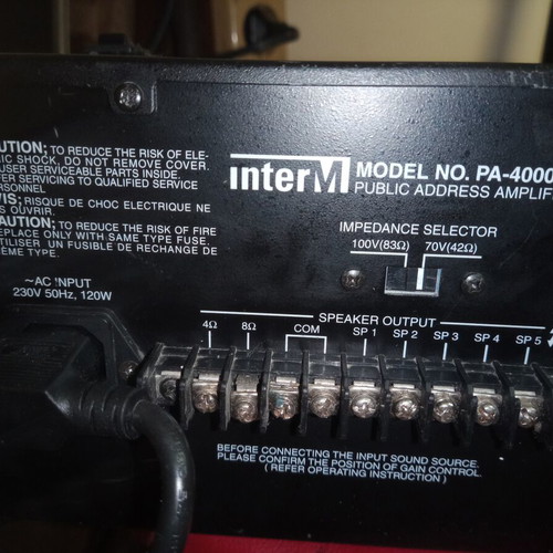 Inter-M PA-4000 amplifier used, 120W, 6 mic inputs, 5 zones