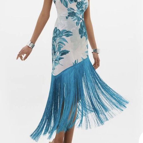 Anna Samouka Ingrid dress with turquoise fringe, size S