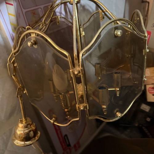 Vintage ceiling pendant light with brass and hand-cut glass panels