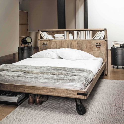 Maisons du Monde Industrial Bed & Headboard, solid mango wood