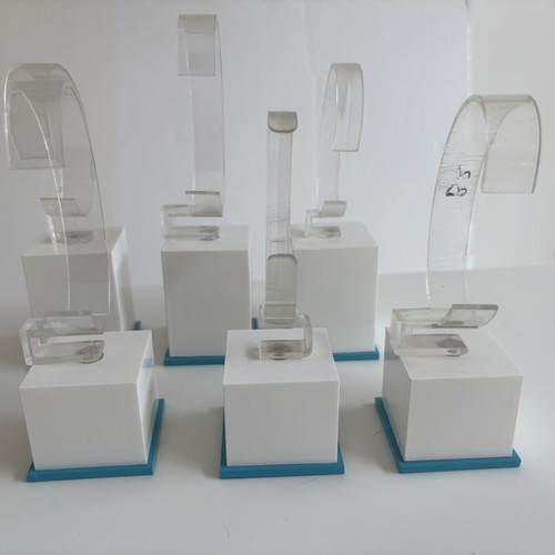 Watch display stands used, pack of 6 with white and blue bases
