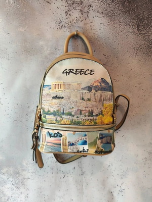 Backpack bag used, beige with Greece design from Kos