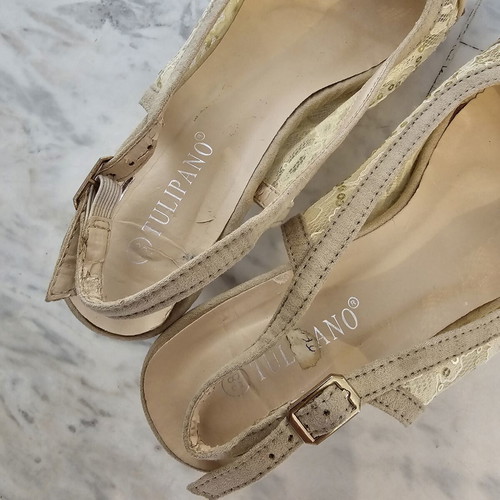 Tulipano women's peep-toe sandals used, size 38, beige with lace and sequins