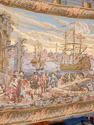Μεγάλη vintage Gobelin ταπισερί σαν καινούργιο με κλασική σκηνή λιμανιού 180×140