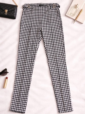 Bershka Gingham Pants slim fit high waist black and white like new